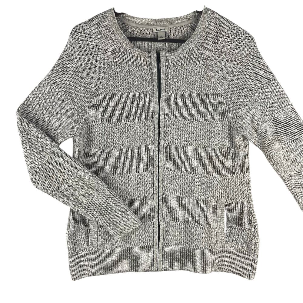 LL Bean Womens Double L Mixed Cable Zip Cardigan SZ L Heather Grey Cotton Knit